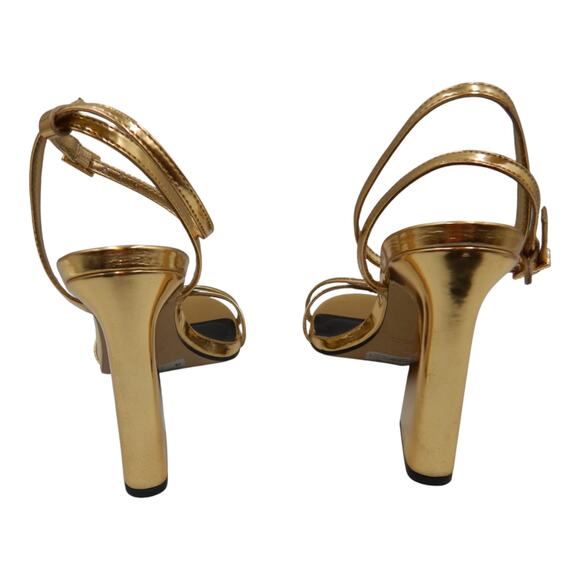 Aqua Crystal Embellished Buckle Strappy Block High Heel Sandals Metallic Gold 6B - Picture 5 of 6